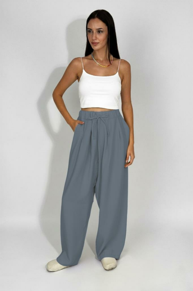 Kadın Dokuma Modal Beli Lastikli Geniş Paça Cepli İpli Palazzo Pantolon İndigo - L