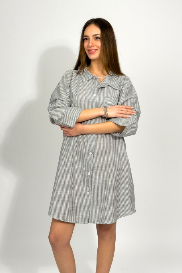 Kadın Pamuklu Dokuma Günlük Şık Çizgili Gömlek Yaka Elbise