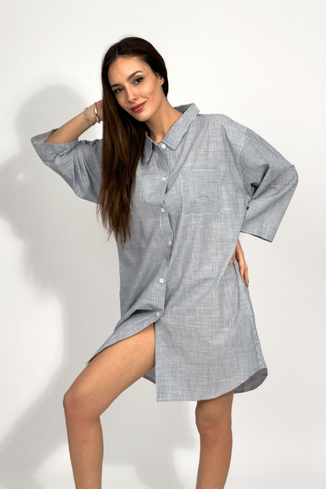 Kadın Pamuklu Dokuma Günlük Şık Çizgili Gömlek Yaka Elbise LACİVERT - M