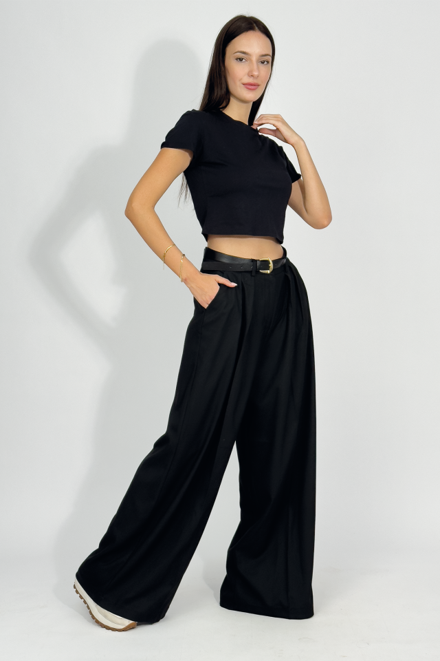 Kadın Pilili Cepli Kemerli Palazzo Pantolon