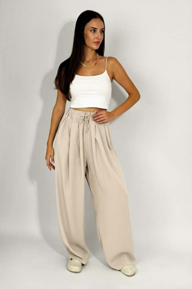 Kadın Dokuma Modal Beli Lastikli Geniş Paça Cepli İpli Palazzo Pantolon Vizon - S