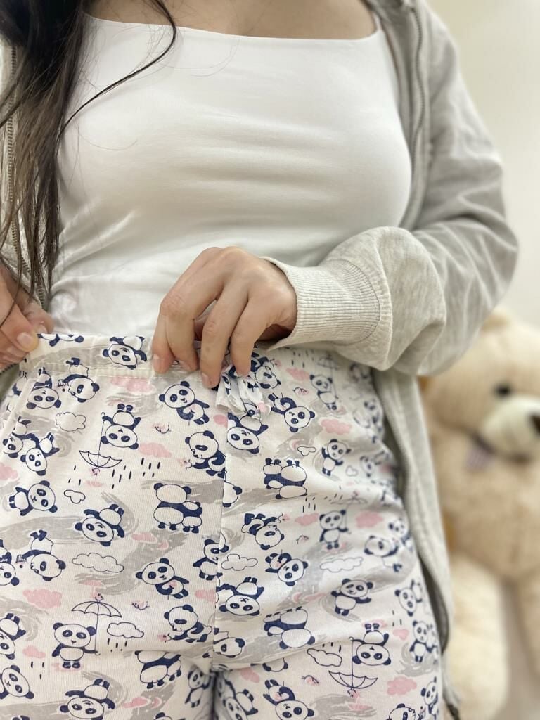 Kadın %100 Pamuklu Süprem Desenli Yumuşak Basic Mini Şort MS.Pembe Gri Panda - XXL
