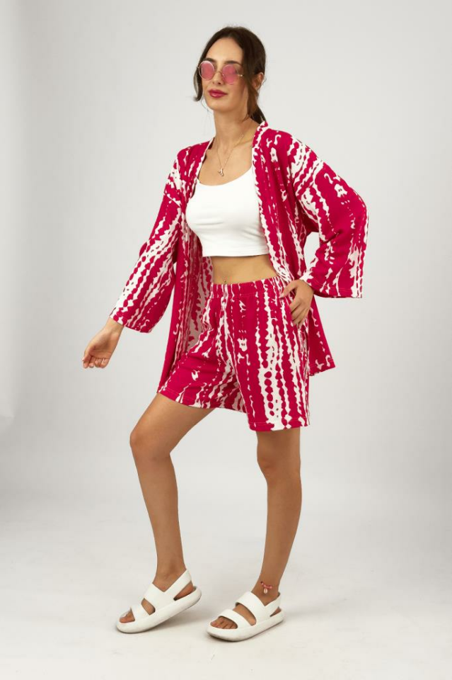 Kadın Likralı Bürümcük Kumaş Salaş Bol Şort Yazlık 2li Alt-Üst Takım Fuşya - 2XL