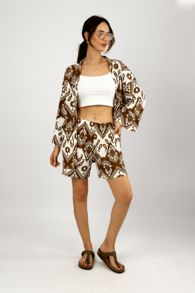 Kadın Likralı Bürümcük Kumaş Salaş Bol Şort Yazlık 2li Alt-Üst Takım KAHVERENGİ - 2XL