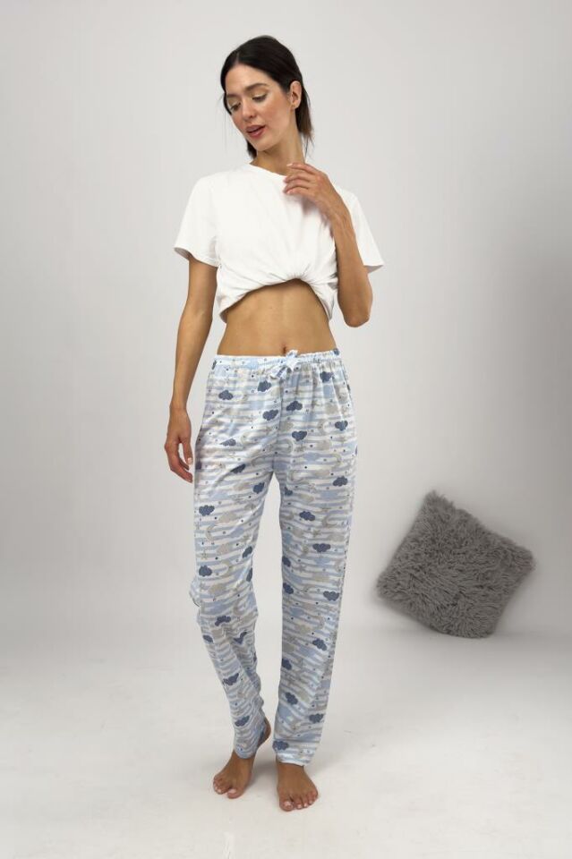 Betimoda Kadın Pijama Altı Kurdeleli Mavi Bulut Ay - M