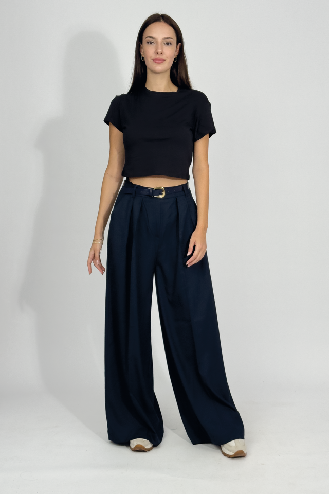 Kadın Pilili Cepli Kemerli Palazzo Pantolon LACİVERT - L