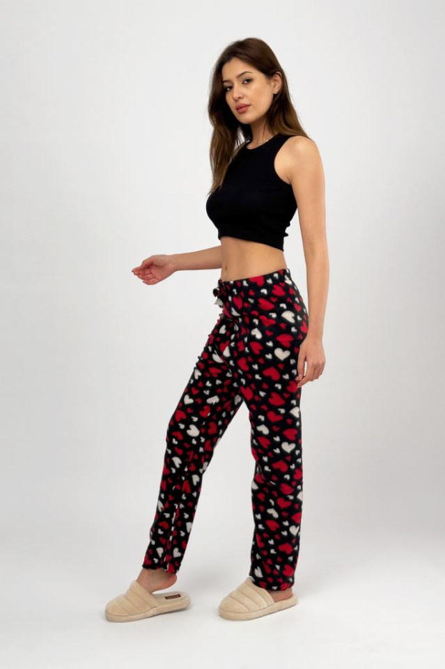 Kadın Polar Pijama Altı Kışlık Lastikli Bel Tek Alt Kırmızı Beyaz Kalpli - M