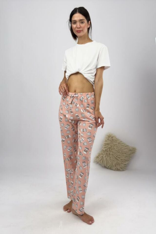 Betimoda Kadın Pijama Altı Kurdeleli Somon Beyaz Kahveli - S