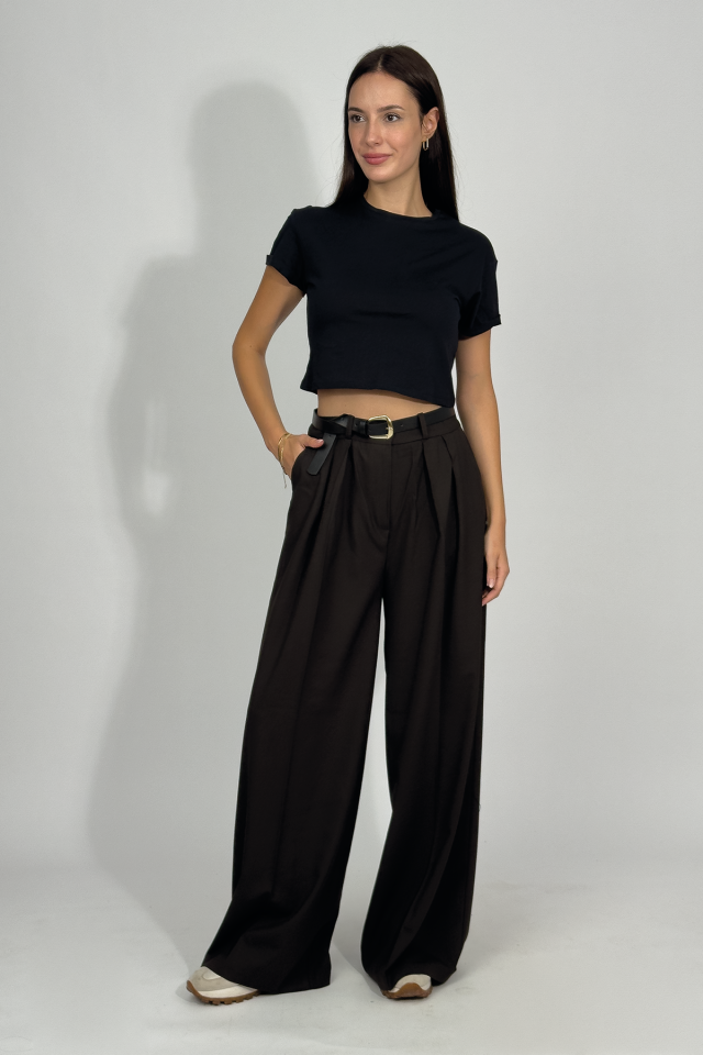 Kadın Pilili Cepli Kemerli Palazzo Pantolon Kahve - M