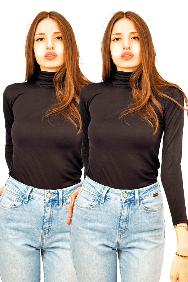 Kadın Uzun Kollu Tam Boğazlı Likralı Penye Badi 2 Adet Tam Boğaz Siyah - L/XL