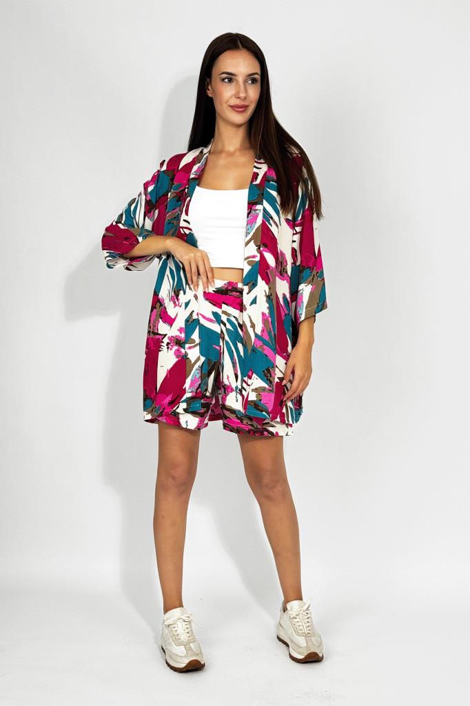 Dokuma Viskon Rahat Kesim Kimono Şort Alt Üst Takım Fuşya - XL