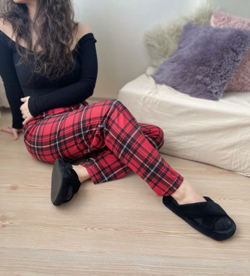 Kadın Kadife Pijama Altı Eşofman Pamuklu Kır.Siyah Beyaz - L