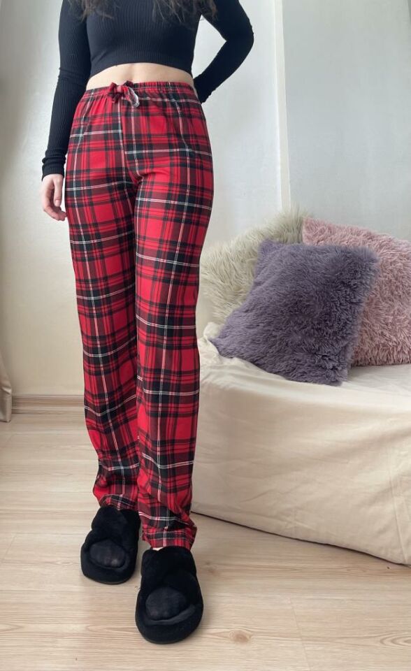 Kadın Kadife Pijama Altı Eşofman Pamuklu Kır.Siyah Beyaz - L