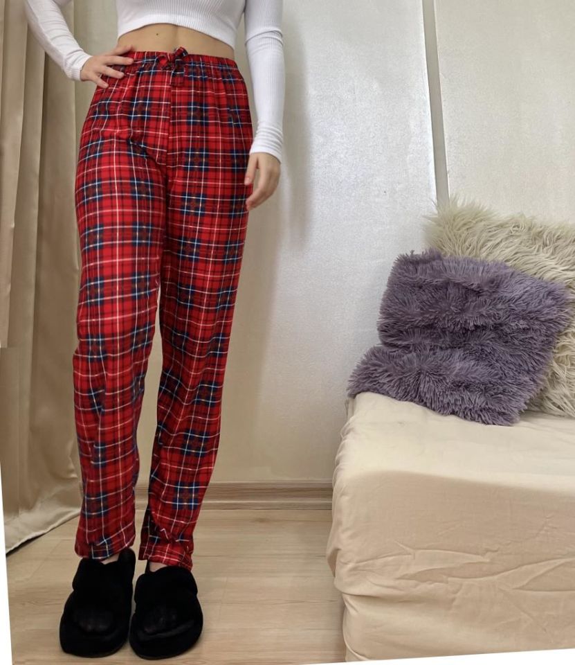 Kadın Kadife Pijama Altı Eşofman Pamuklu Kırmızı Yeşil Ekoseli Kareli - XXL