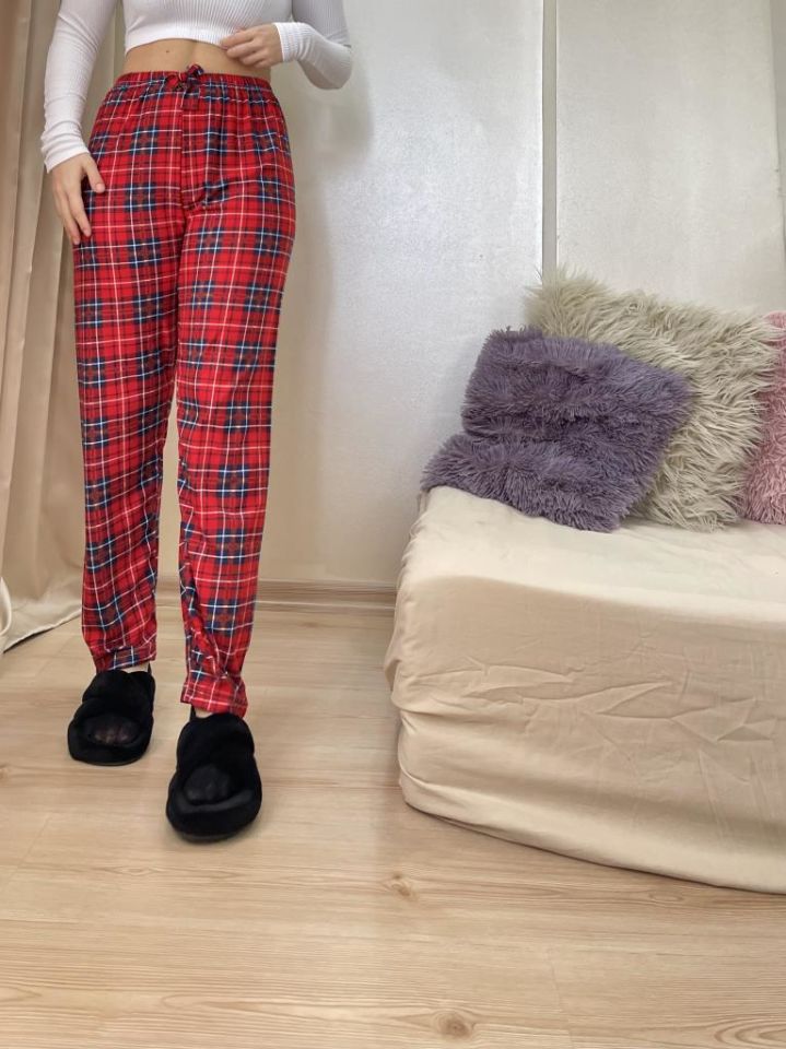 Kadın Kadife Pijama Altı Eşofman Pamuklu Kırmızı Yeşil Ekoseli Kareli - XXL