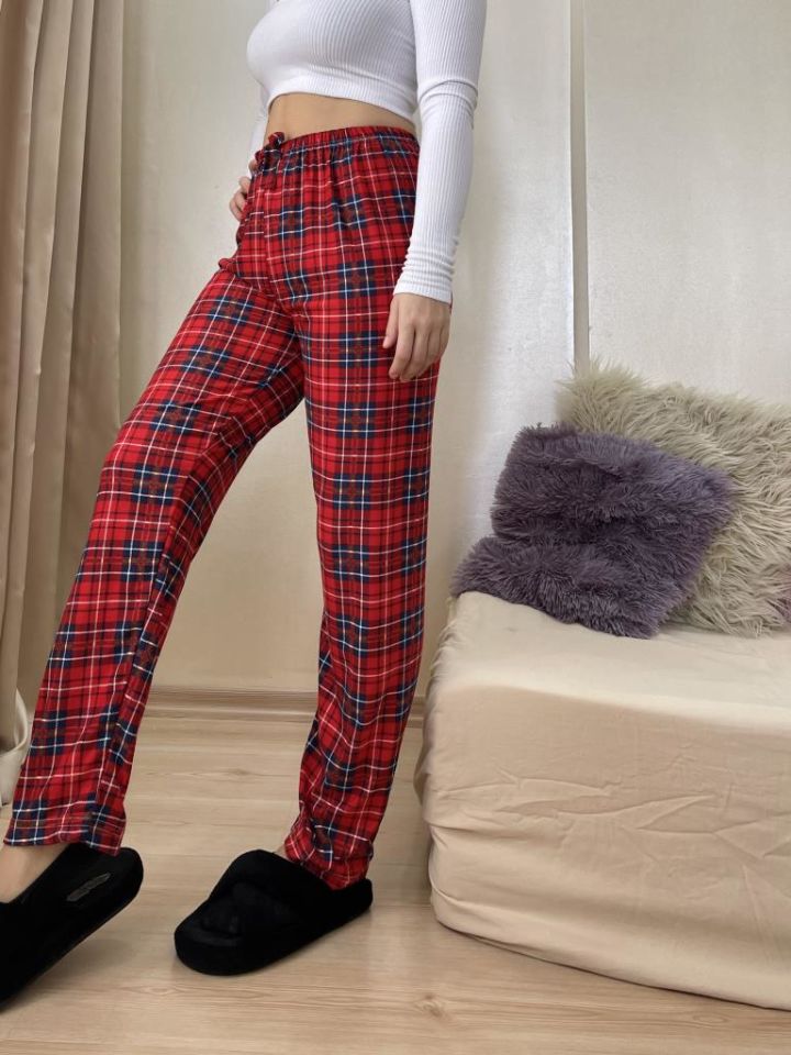 Kadın Kadife Pijama Altı Eşofman Pamuklu Kırmızı Yeşil Ekoseli Kareli - XXL