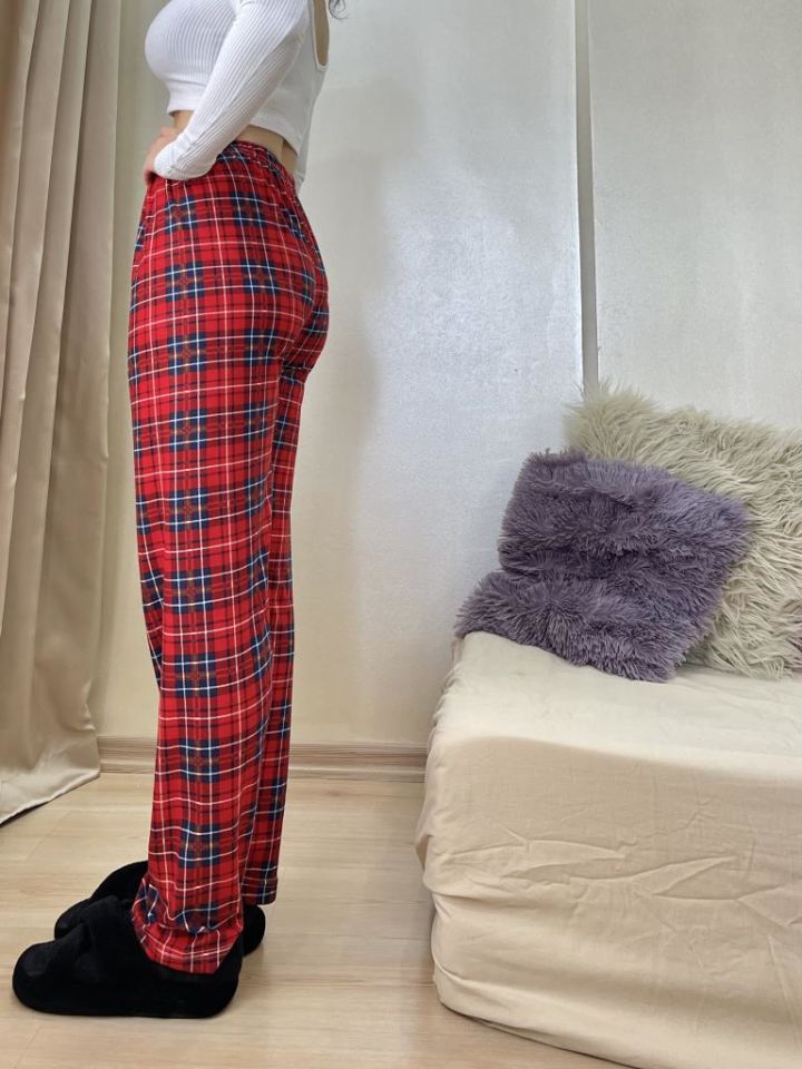 Kadın Kadife Pijama Altı Eşofman Pamuklu Kırmızı Yeşil Ekoseli Kareli - XXL