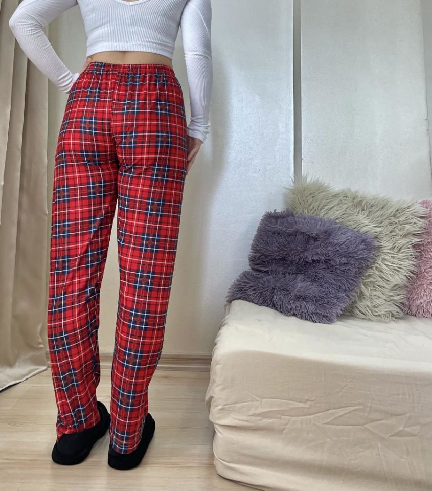 Kadın Kadife Pijama Altı Eşofman Pamuklu Kırmızı Yeşil Ekoseli Kareli - XXL