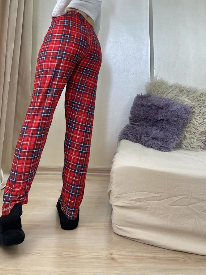 Kadın Kadife Pijama Altı Eşofman Pamuklu Kırmızı Yeşil Ekoseli Kareli - XXL