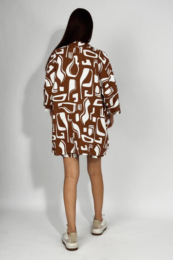 Dokuma Viskon Rahat Kesim Kimono Şort Alt Üst Takım Kahve - 2XL