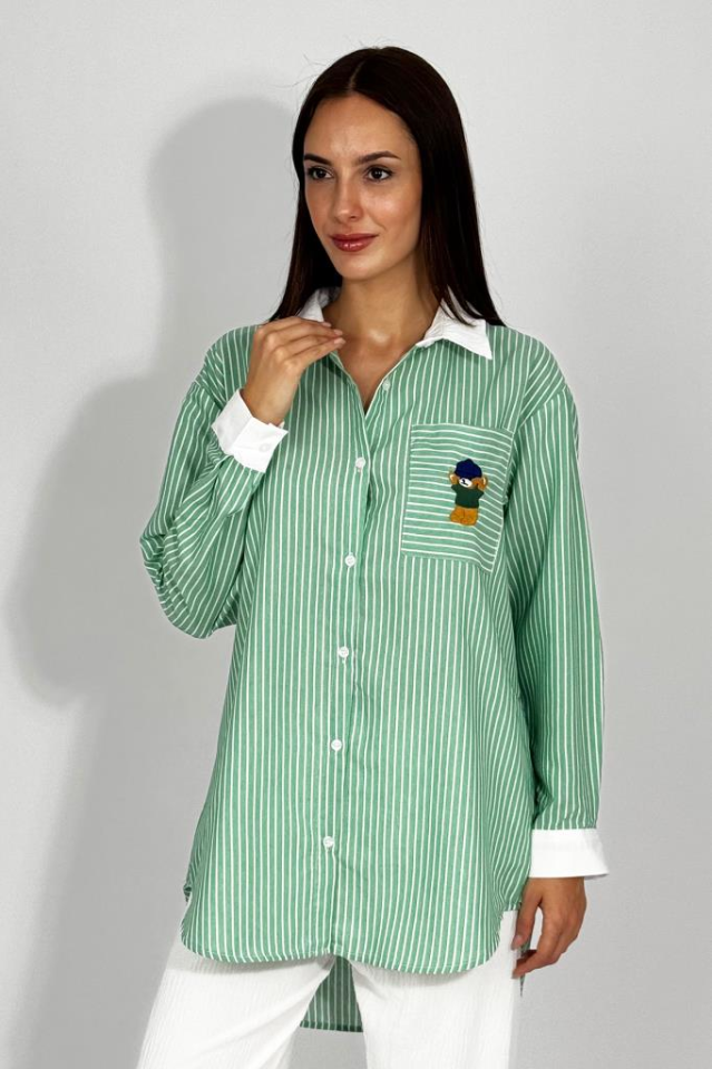 Kadın Pamuklu Nakışlı Ayıcık Desenli Cepli Çizgili Gömlek YEŞİL - M