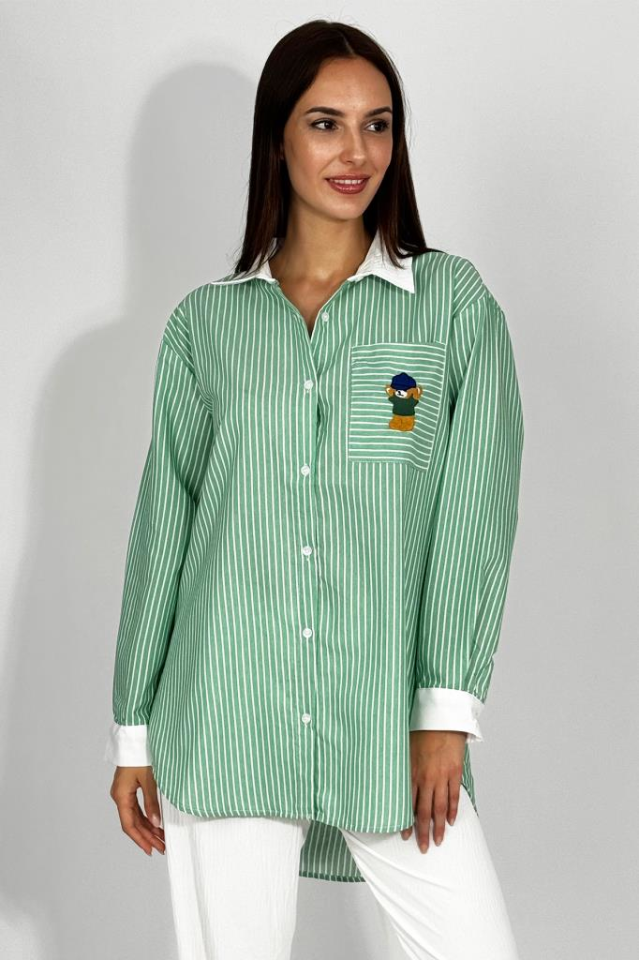 Kadın Pamuklu Nakışlı Ayıcık Desenli Cepli Çizgili Gömlek YEŞİL - M