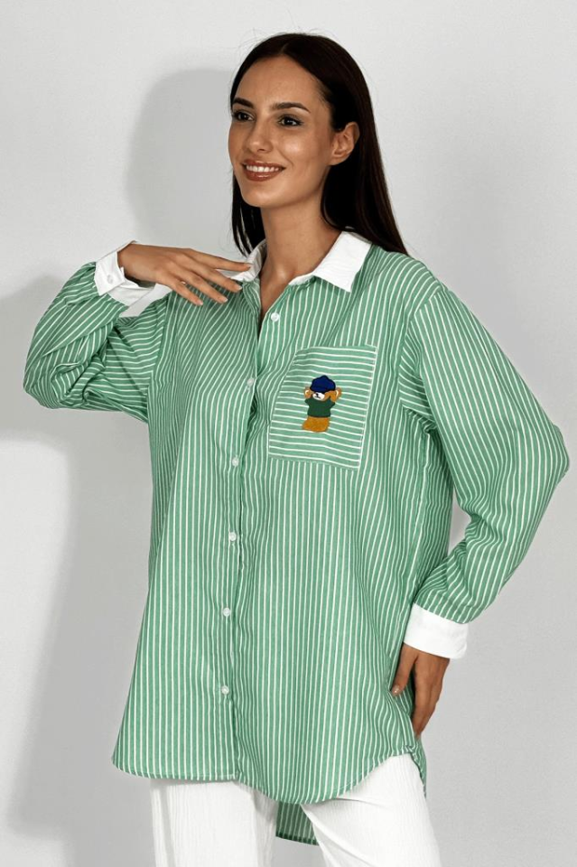 Kadın Pamuklu Nakışlı Ayıcık Desenli Cepli Çizgili Gömlek YEŞİL - M