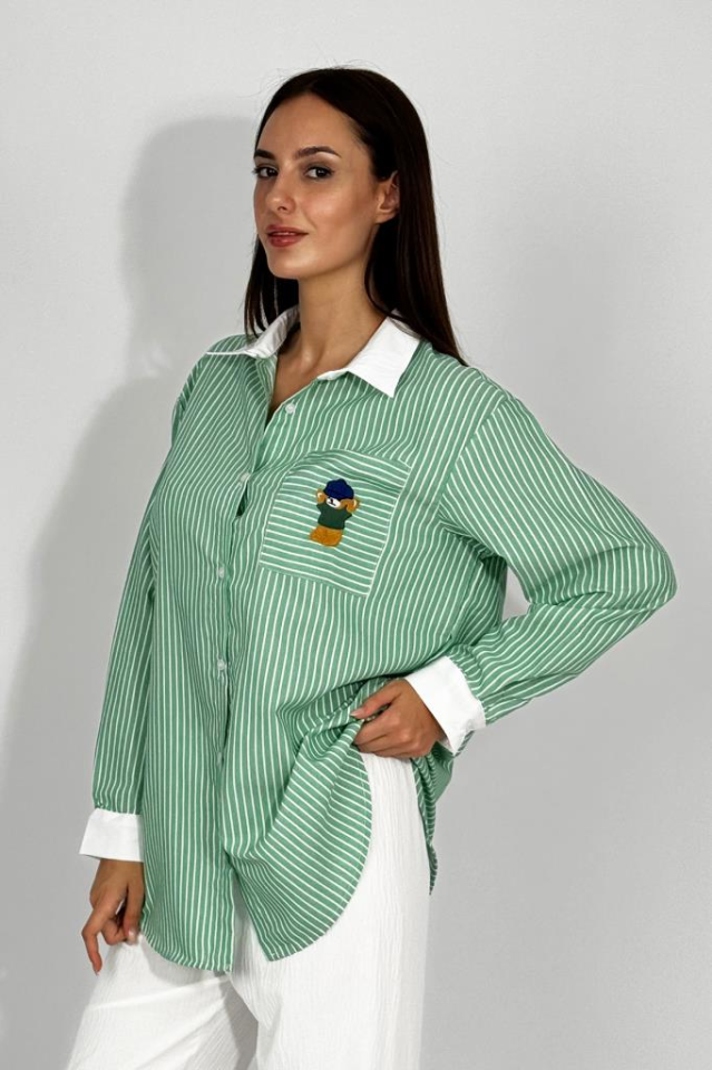Kadın Pamuklu Nakışlı Ayıcık Desenli Cepli Çizgili Gömlek YEŞİL - M