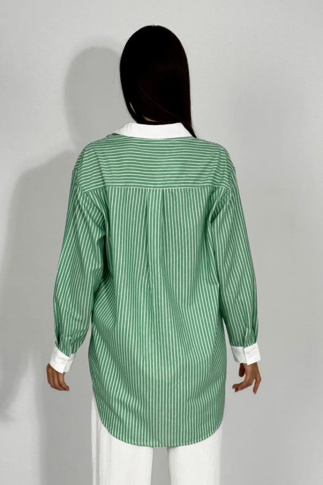 Kadın Pamuklu Nakışlı Ayıcık Desenli Cepli Çizgili Gömlek YEŞİL - M