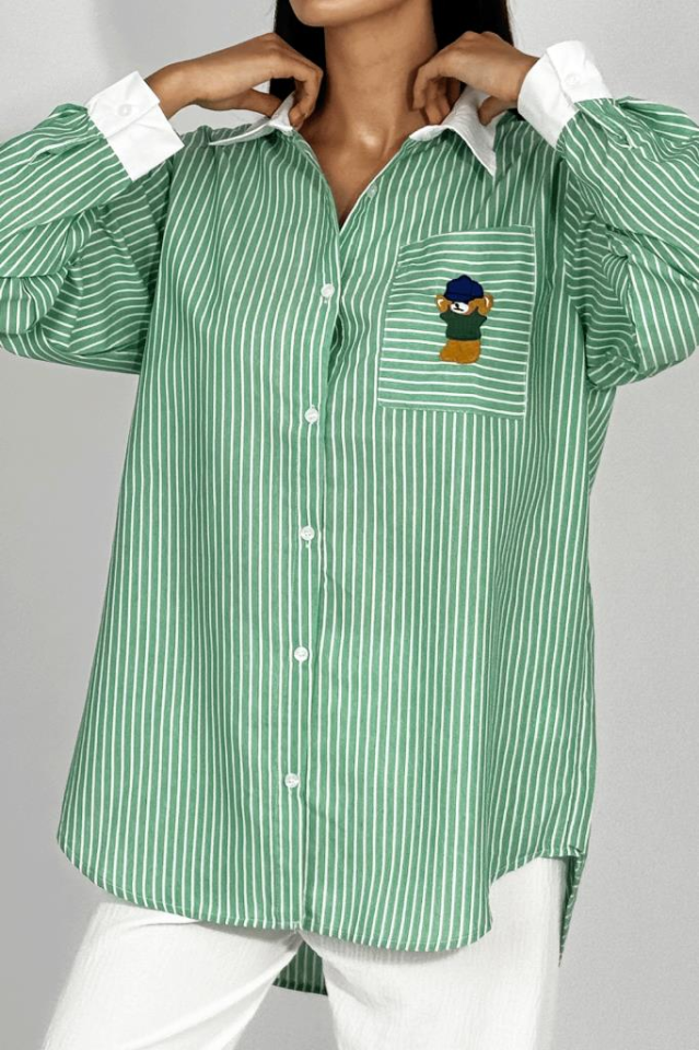 Kadın Pamuklu Nakışlı Ayıcık Desenli Cepli Çizgili Gömlek YEŞİL - M
