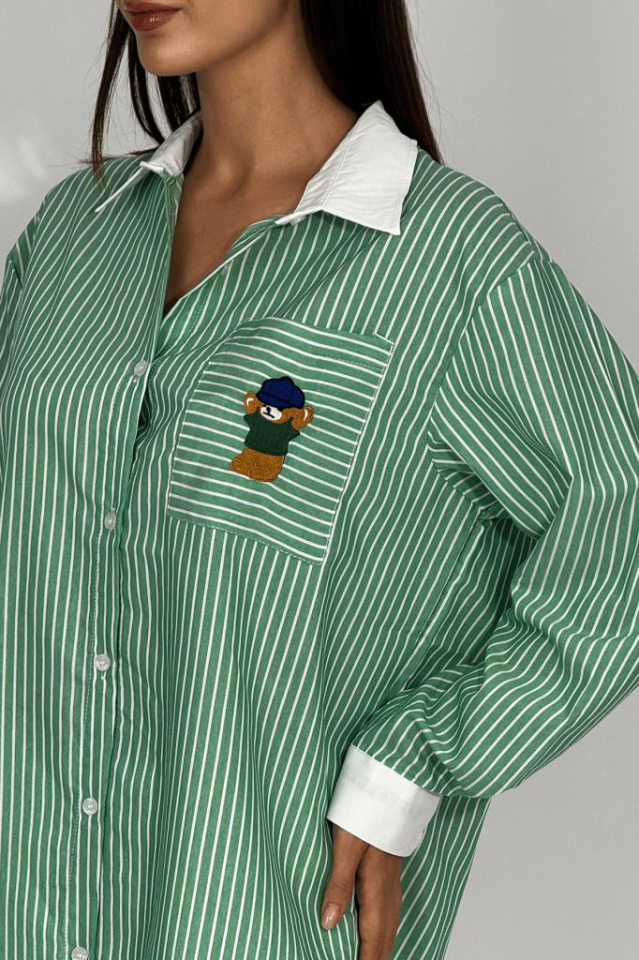 Kadın Pamuklu Nakışlı Ayıcık Desenli Cepli Çizgili Gömlek YEŞİL - M