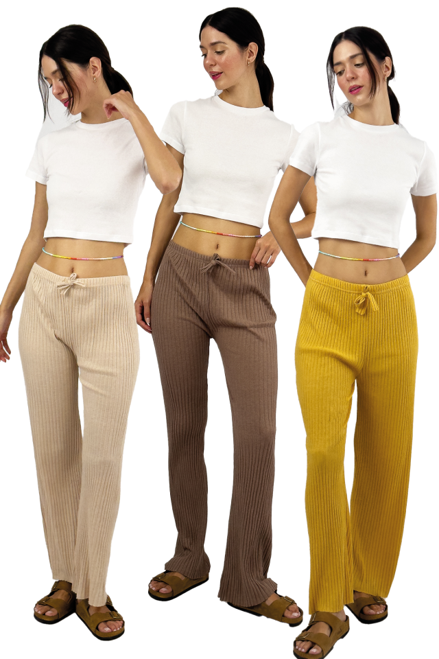 3'lü Paket Kadın Fitilli Çizgili Penye Raporlu Pamuklu Pijama Altı Eşofman Vizon Bej Hardal - Tek Ebat