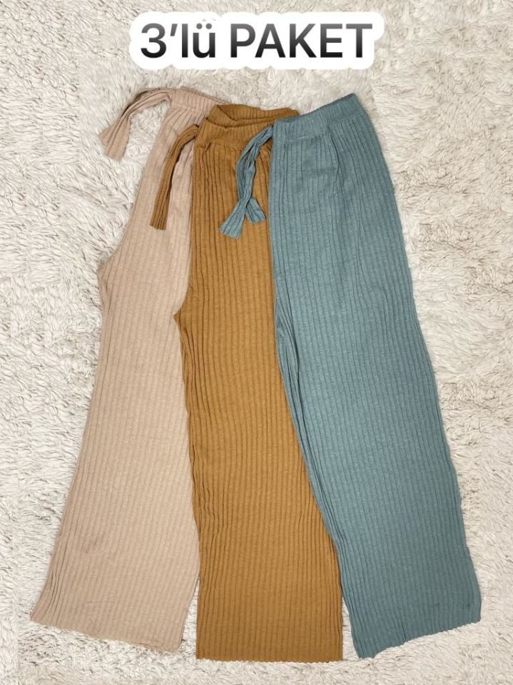 3'lü Paket Kadın Fitilli Çizgili Penye Raporlu Pamuklu Pijama Altı Eşofman Bej Hardal Sarısı Mint Yeşili - Tek Ebat