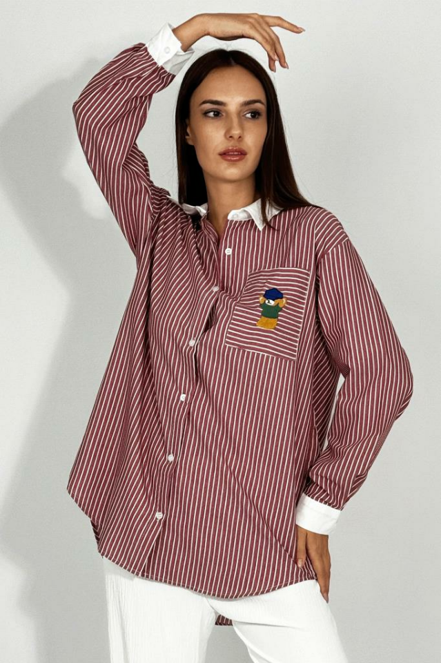 Kadın Pamuklu Nakışlı Ayıcık Desenli Cepli Çizgili Gömlek BORDO - M