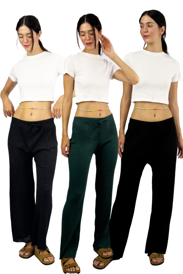 3'lü Paket Kadın Fitilli Çizgili Penye Raporlu Pamuklu Pijama Altı Eşofman Siyah Gri Asker Yeşili - Tek Ebat