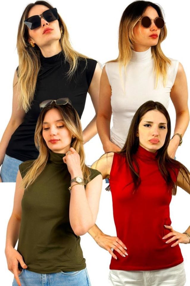 Kadın 4lü Yarım Balıkçı Kolsuz Sıfır Kol Body S/M - Siyah Beyaz Yeşil Bordo