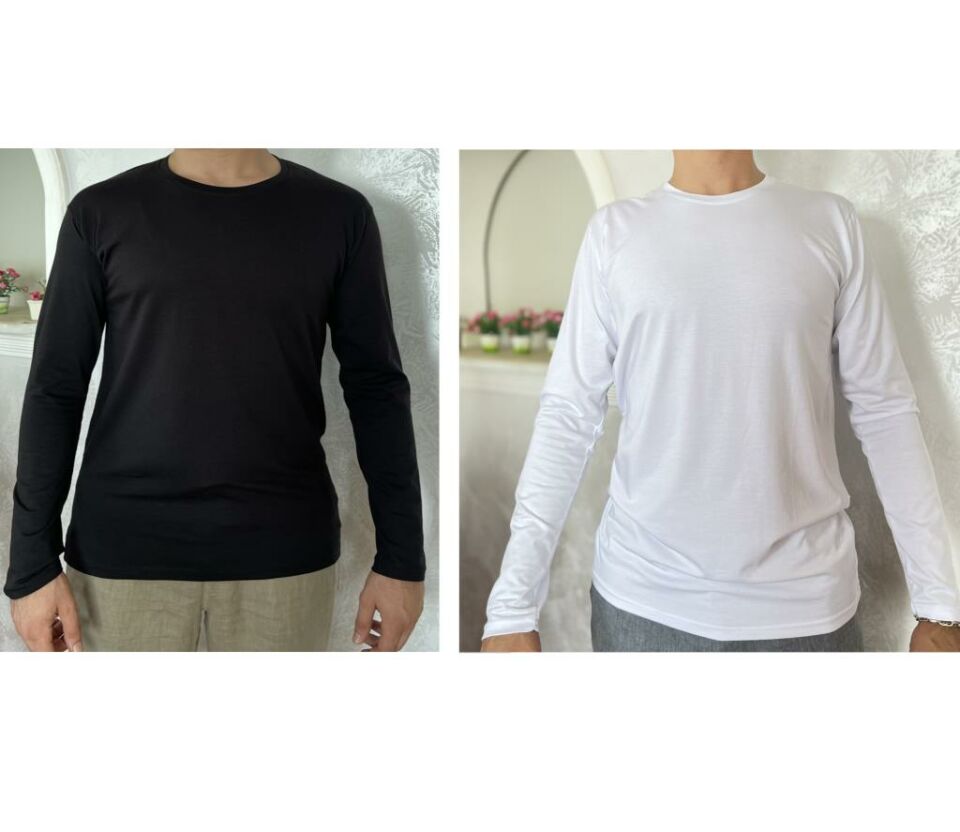 Erkek Elastan Bisiklet Yaka Uzun Kol 2 Adet T-Shirt Siyah Beyaz - M