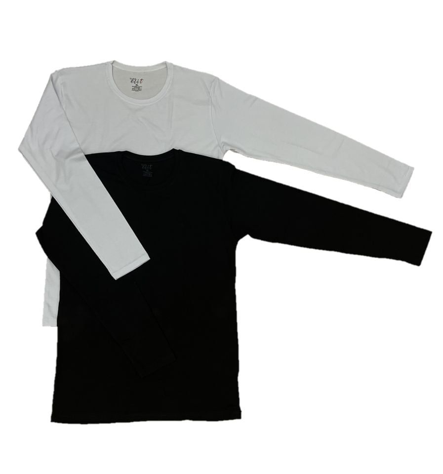 Erkek Elastan Bisiklet Yaka Uzun Kol 2 Adet T-Shirt Siyah Beyaz - M