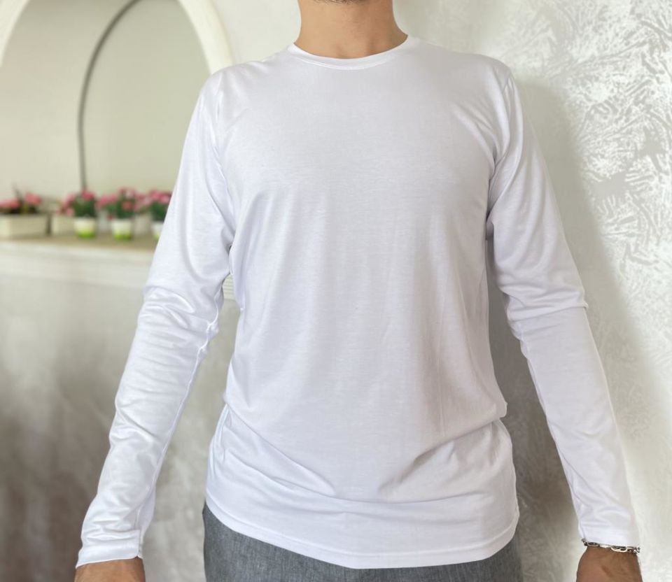 Erkek Elastan Bisiklet Yaka Uzun Kol 2 Adet T-Shirt BEYAZ - M