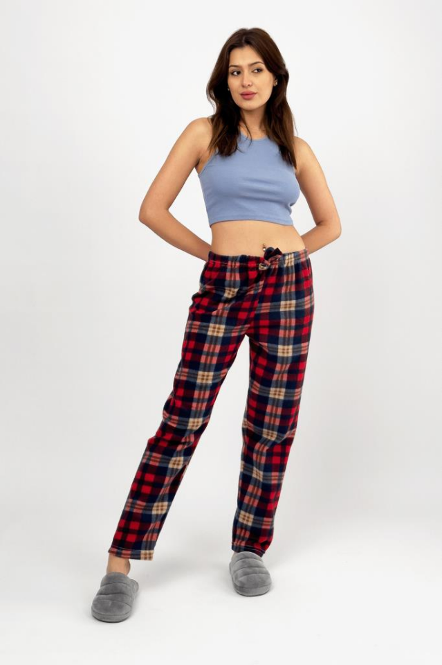 Kadın Polar Pijama Altı Kışlık Lastikli Bel Tek Alt Lacivert Kırmızı Ekose - S