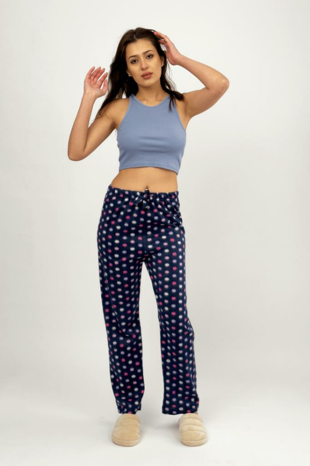 Kadın Polar Pijama Altı Kışlık Lastikli Bel Tek Alt Lacivert Pembe Puantiyeli - S