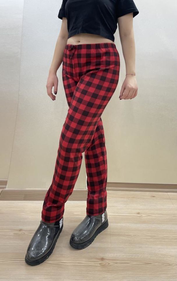 Kadın Lastikli Bel %100 Pamuk Kurdeleli Desenli Pijama Altı S - Süp Kırmızı Pencere Kare