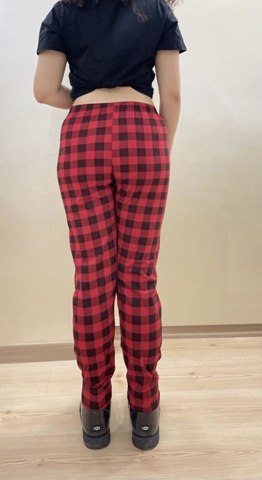 Kadın Lastikli Bel %100 Pamuk Kurdeleli Desenli Pijama Altı S - Süp Kırmızı Pencere Kare