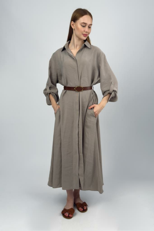 Kadın Modal Uzun Gömlek Elbise Vizon - STD