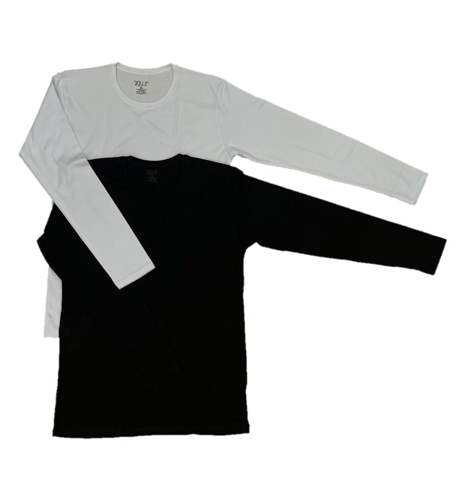 Erkek Elastan Bisiklet Yaka Uzun Kol 2 Adet T-Shirt Siyah Beyaz - L