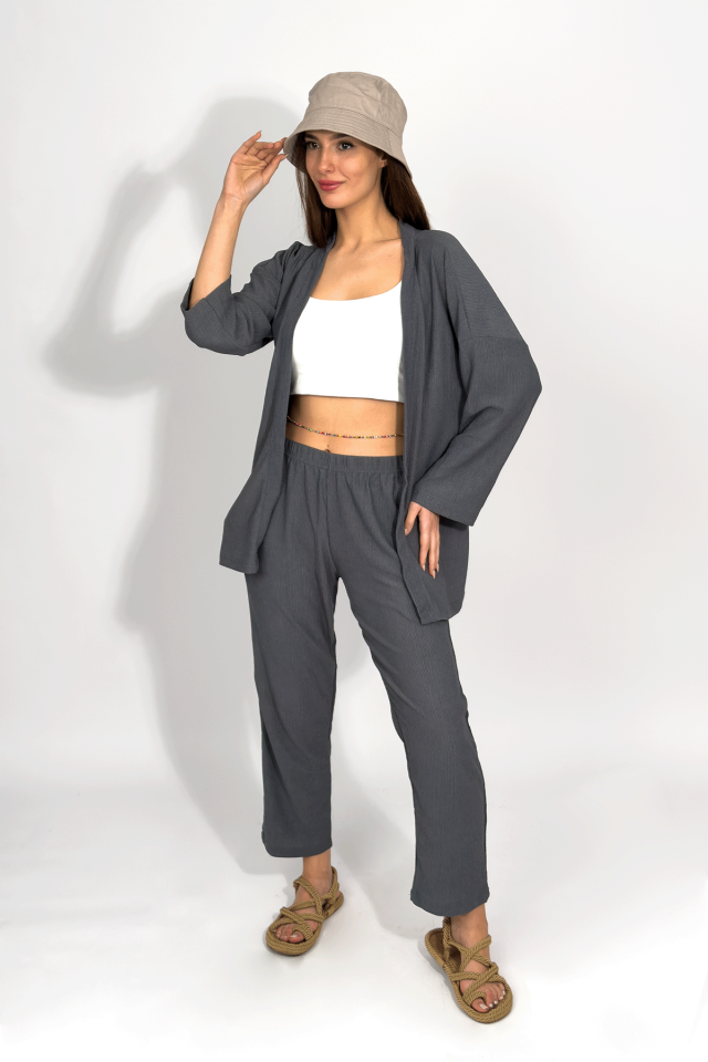 Kadın Pantolonlu Alt Üst İkili Kimono Takım Rahat Kalıp GRİ - S