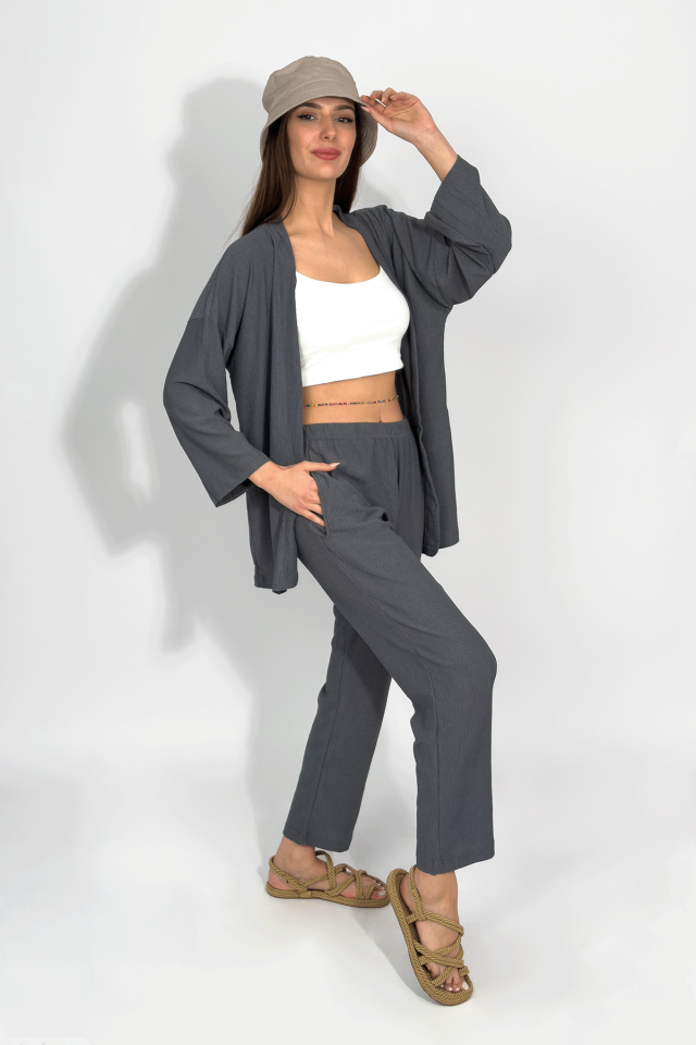 Kadın Pantolonlu Alt Üst İkili Kimono Takım Rahat Kalıp GRİ - S