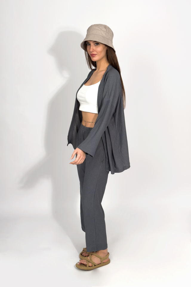 Kadın Pantolonlu Alt Üst İkili Kimono Takım Rahat Kalıp GRİ - S