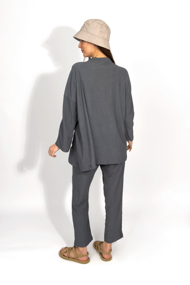 Kadın Pantolonlu Alt Üst İkili Kimono Takım Rahat Kalıp GRİ - S