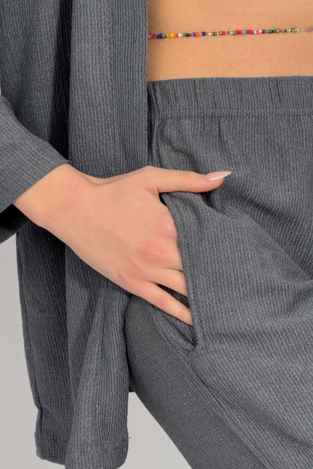 Kadın Pantolonlu Alt Üst İkili Kimono Takım Rahat Kalıp GRİ - S